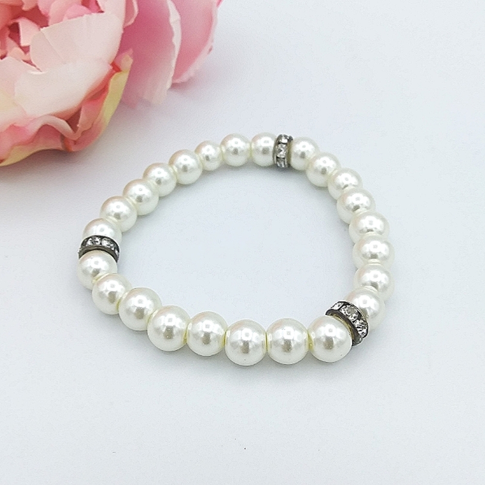 Costume Pearl & Crystal Bead Stretch Bracelet Ivory Bridal Elegant Wedding Retro